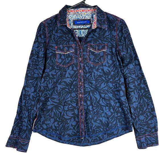 Georg Roth Mens Shirt Blue Floral Flip Cuff Button Down Log Angeles S - Picture 1 of 13